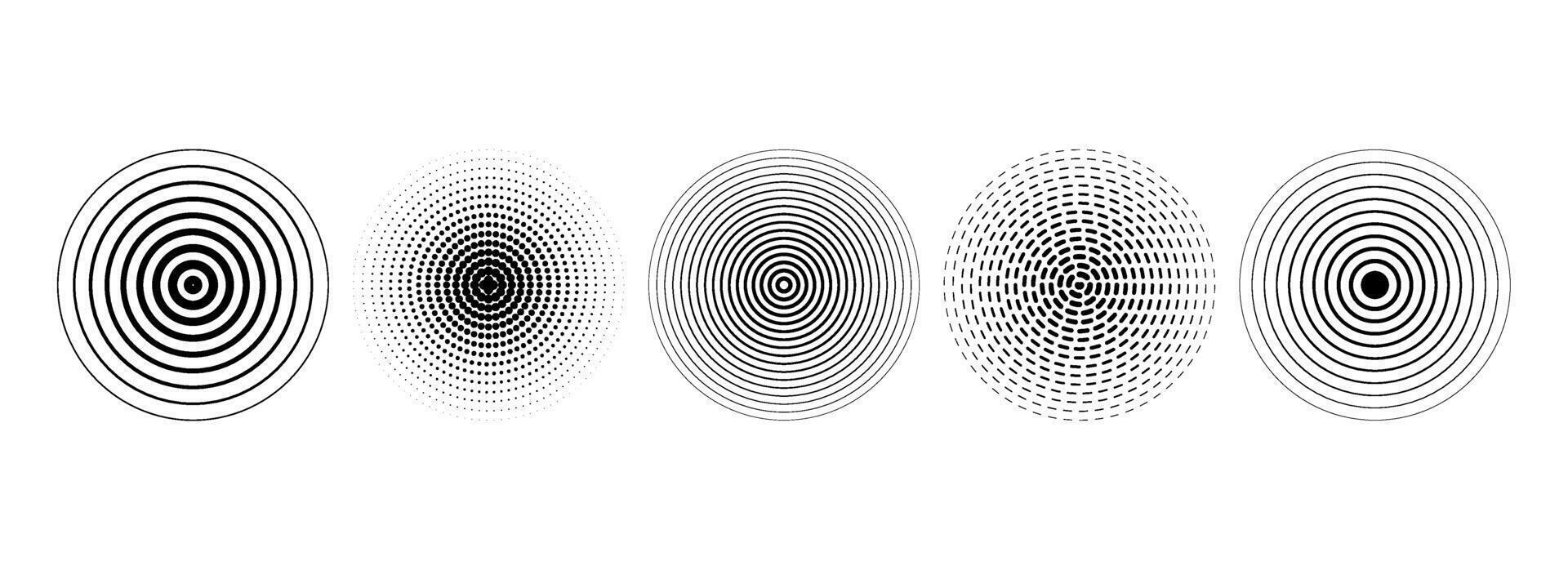 Black concentric circle set. Dotted and dashed sound wave ring collection. Epicenter, target, radar, sonar icon concept. Radial radio signal or vibration elements. Linear halftone symbols. vector