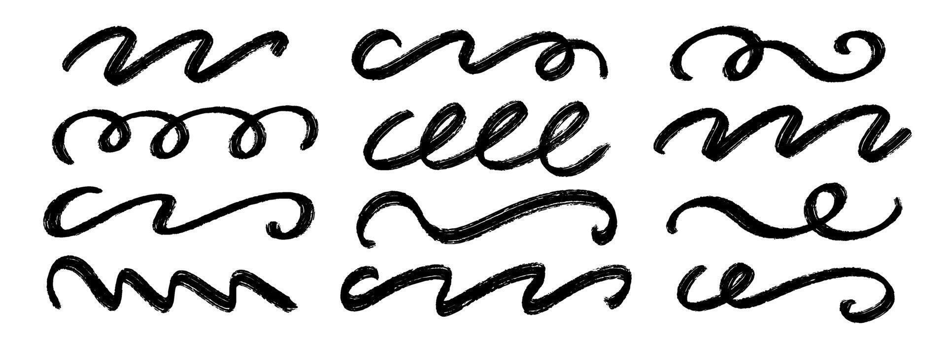 Black wave paint line set. Squiggle brush stroke collection. Charcoal wiggly flourish pack for highlight, underline, emphasis. Rough scribble swoosh stripes. Organic crayon chalk wavy strips vector