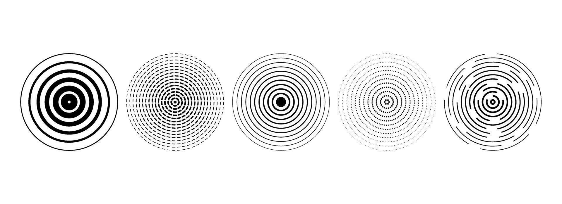 Black concentric circles set. Rippled and dashed sound wave rings collection. Epicenter, target, radar, sonar icon concept. Radial radio signal or vibration elements. Linear halftone symbols. vector