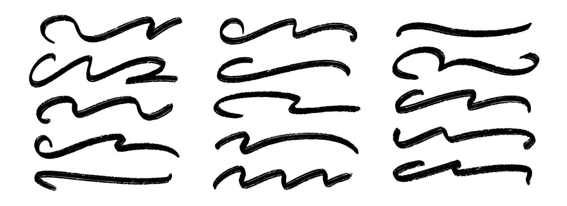 Black wave paint stripe set. Squiggle sketch brush stroke collection. Charcoal curved flourish pack for highlight, underline, emphasis. Rough swoosh stripe bundle. Handdrawn crayon chalk lines vector