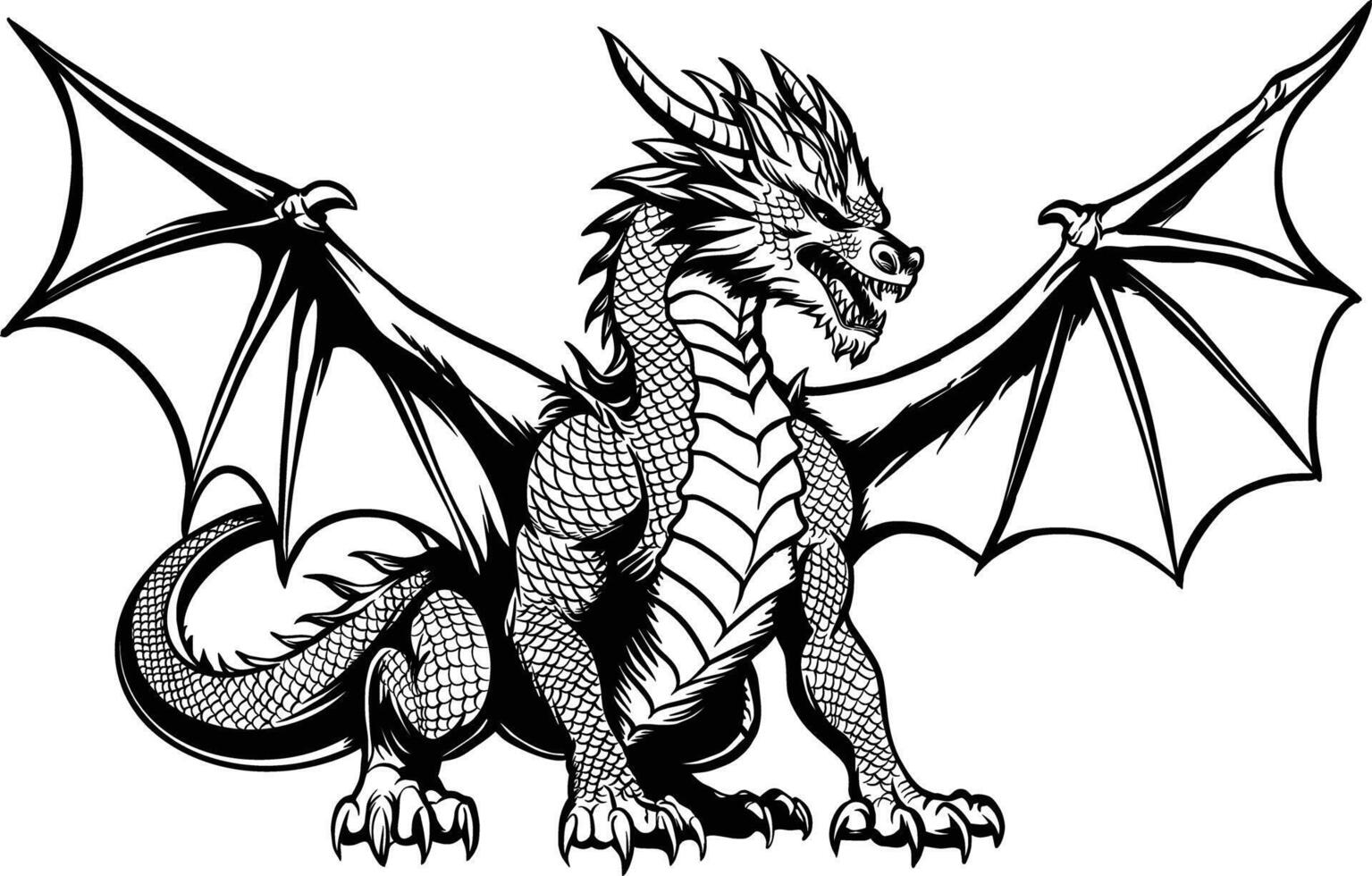 Hand-Drawn Illustration of a Terrifying Dragon in Line Art Style vector