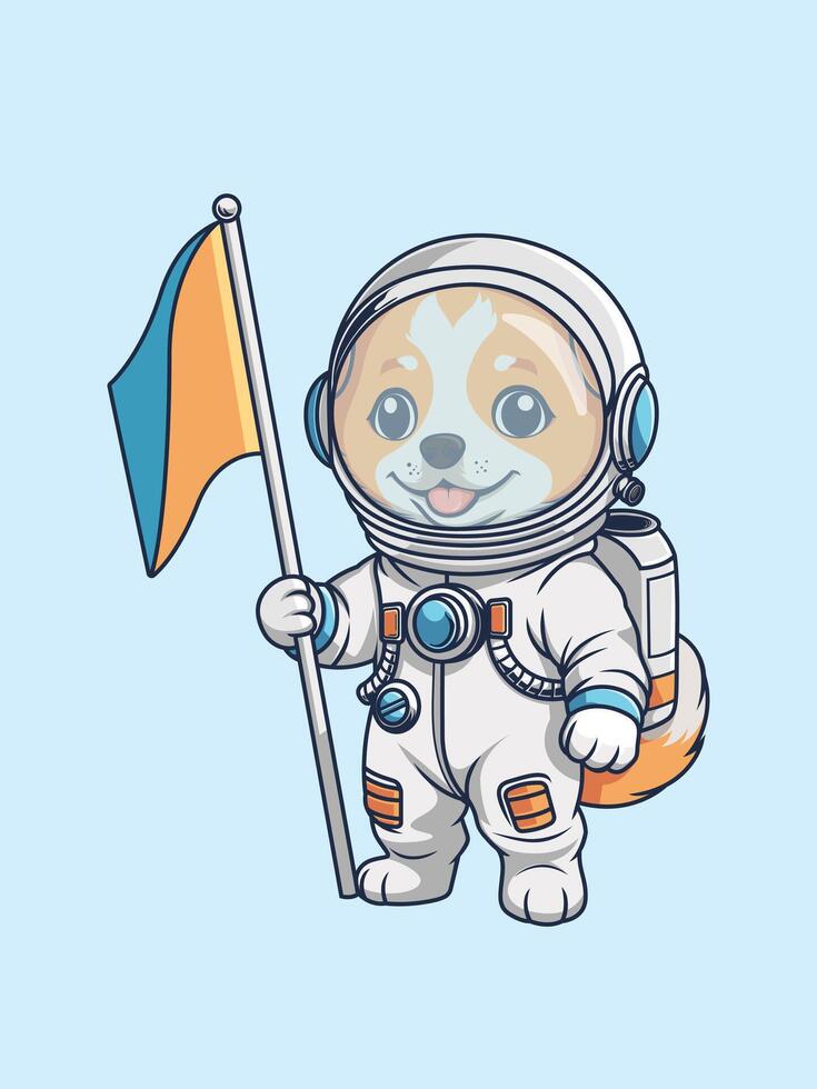 Cute Cartoon Dog in Space Suit Holding Flag Against Yellow Background vector