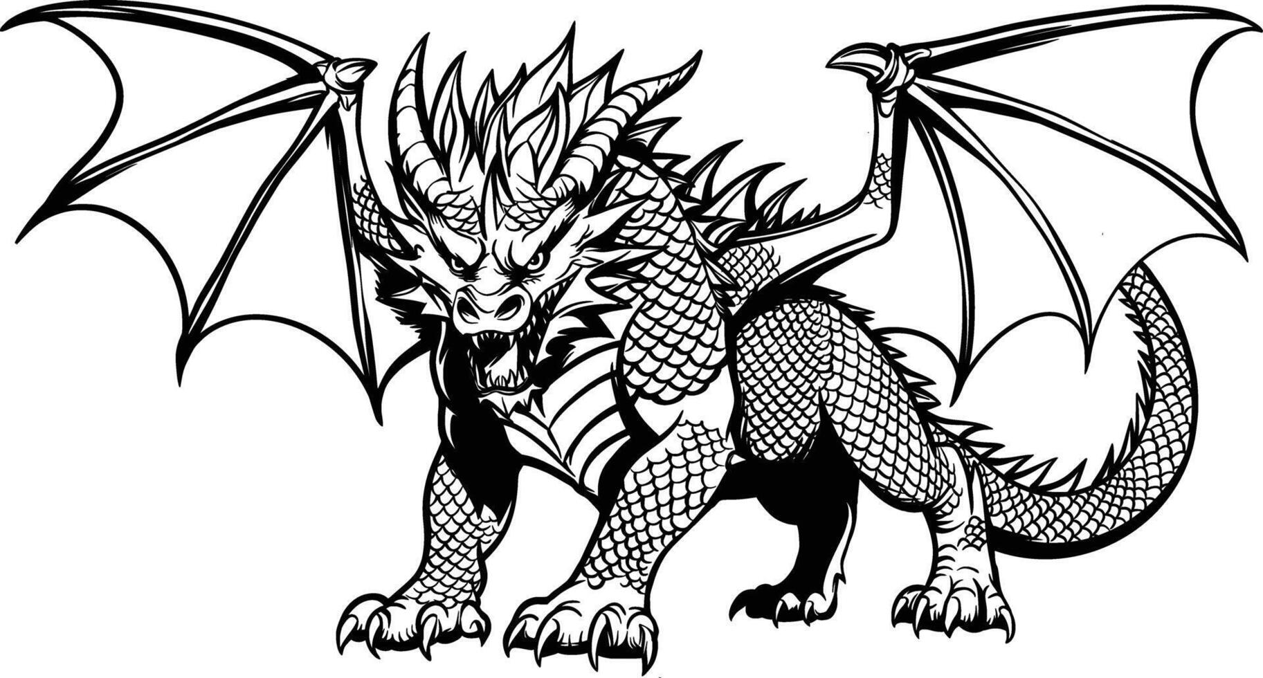 Hand-Drawn Illustration of a Dragon in Line Art Style vector