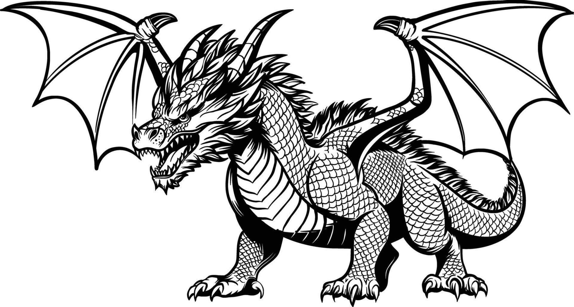 Hand-Drawn Illustration of a Mighty Dragon in Line Art Style vector