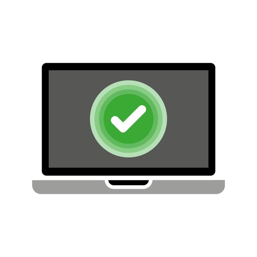 Laptop with checkmark symbol, updated computer, virus free laptop icon vector