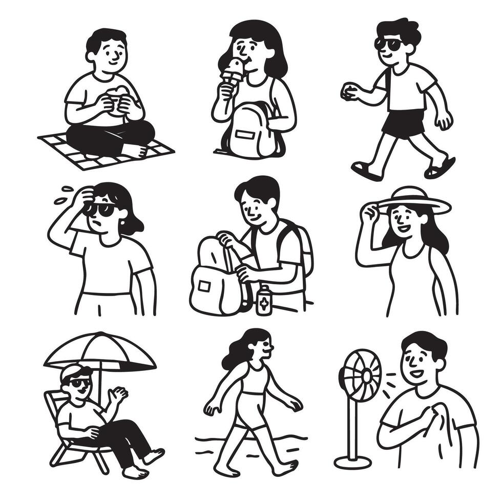 Enjoying summer activities, people are depicted engaging various outdoor leisure activities like eating, walking, and relaxing sun. illustrations capture essence of summer fun and relaxation vector