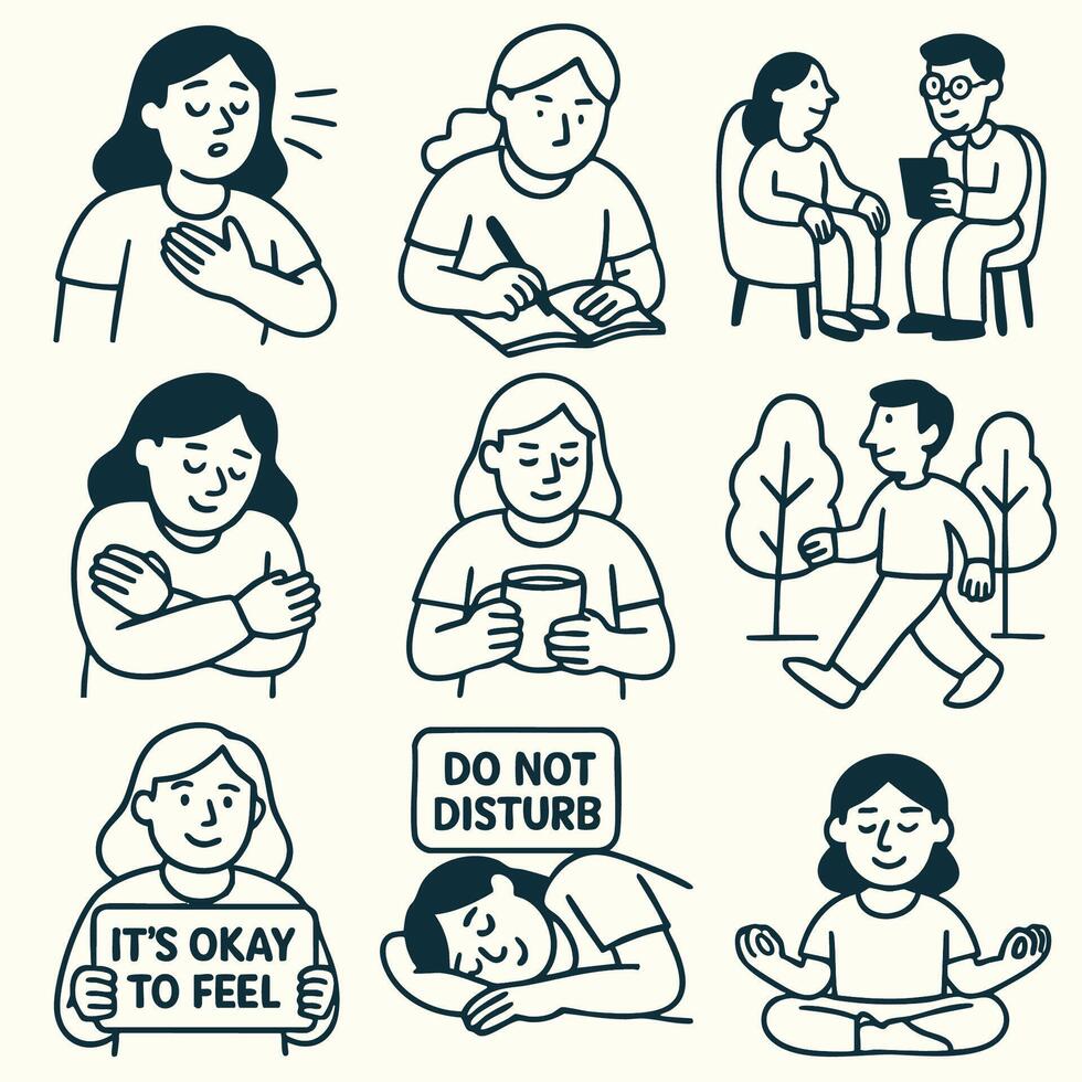 Emotional wellness illustrations depict various self care activities, including breathing exercises, journaling, and mindfulness practices. These images promote mental health awareness and self vector