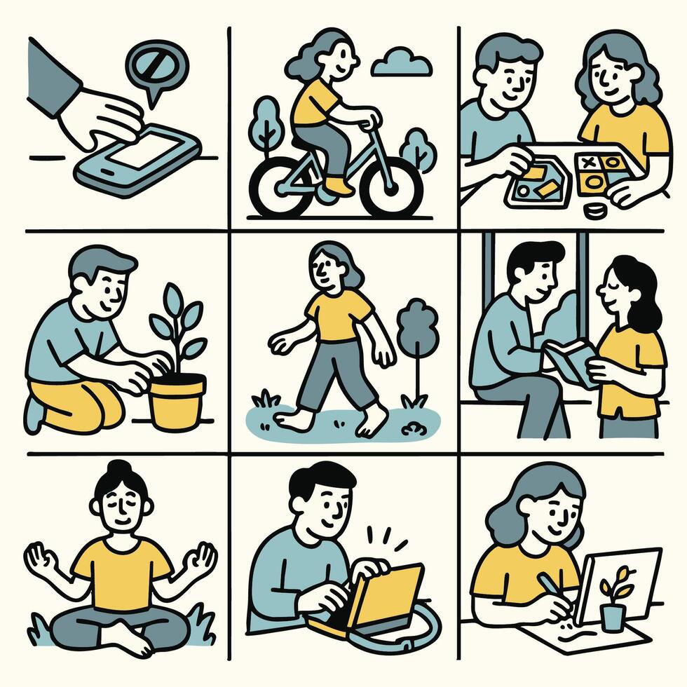 Illustration depicting sequence of activities promoting well being including using smartphone cycling playing games gardening walking reading meditating and working on laptop vector