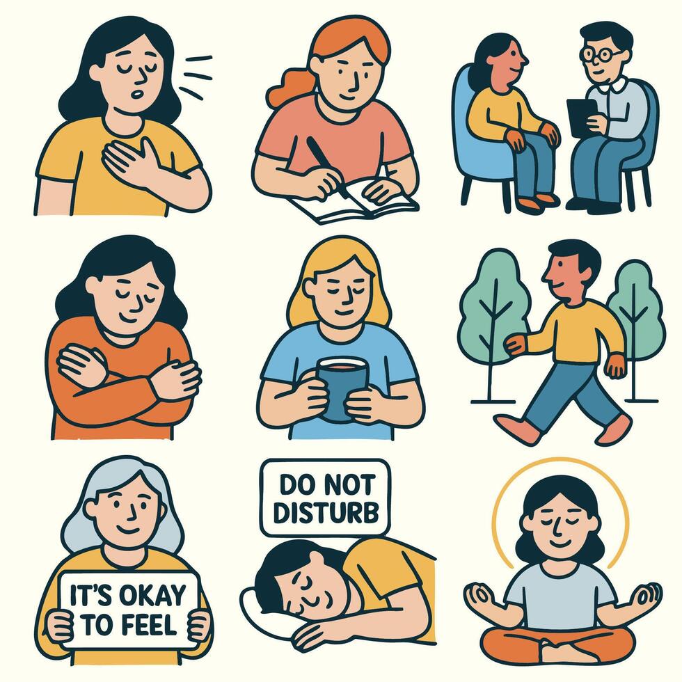 Emotional expressions depict various aspects of mental health and self care, including feelings of anxiety, reflection, and mindfulness practices. It important to prioritize emotional well being vector