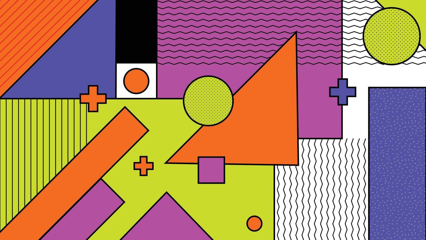 Bright geometric abstract art featuring sharp shapes and vibrant color blocks in a retro modern layout perfect for creative designs and digital backgrounds vector