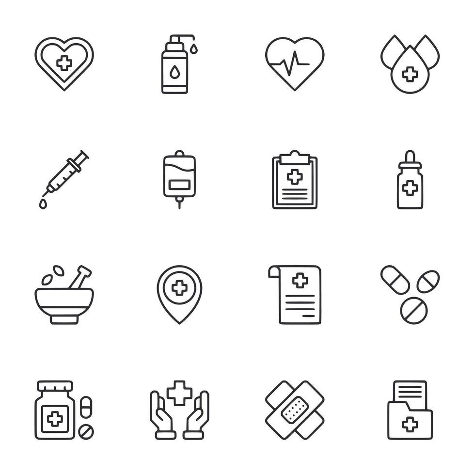 A set of medical icons including a syringe, a pill bottle, a heart vector