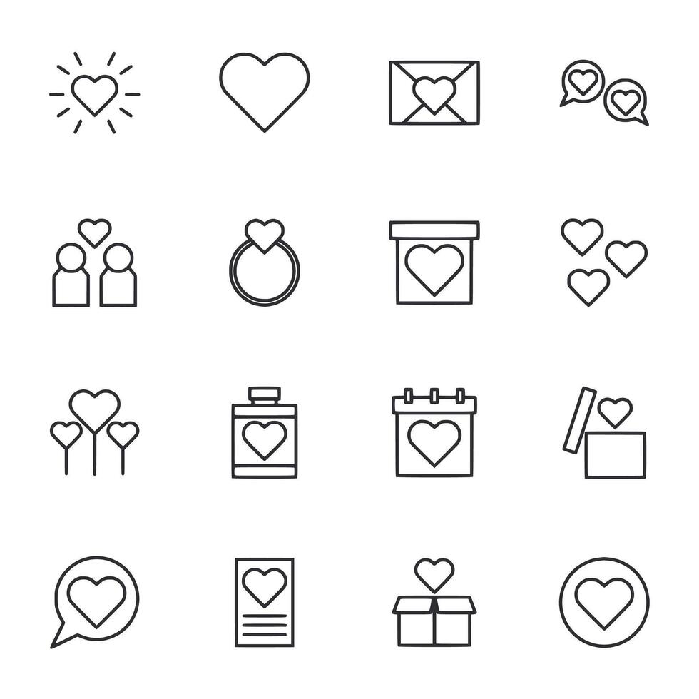 A set of black and white icons that include hearts, a ring, a box vector