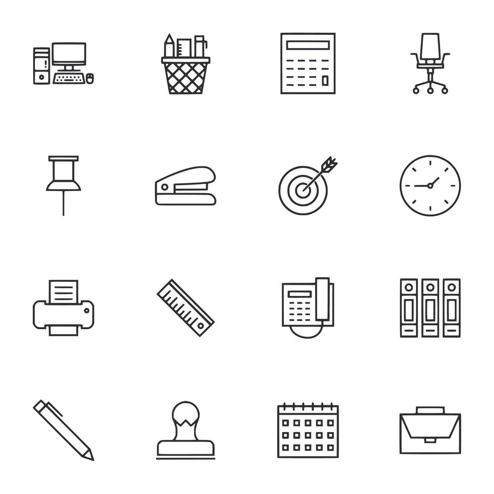 A set of office icons including a clock, a pen, a stapler, a ruler, a calculator vector