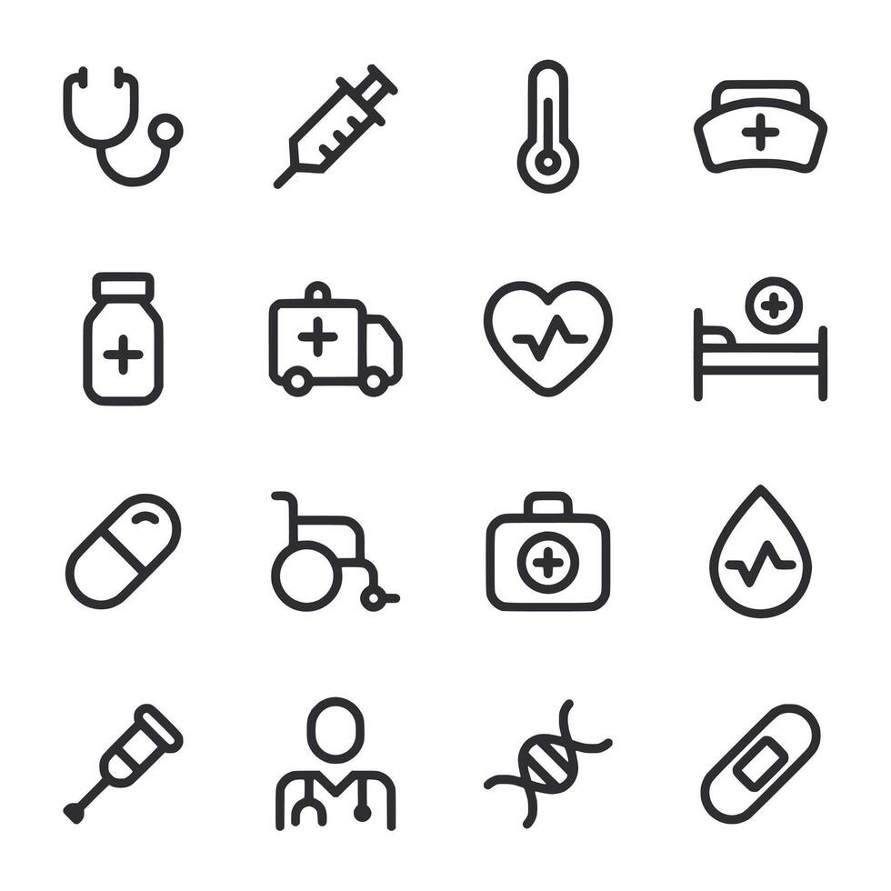 A set of medical icons including a syringe, a thermometer, a stethoscope vector