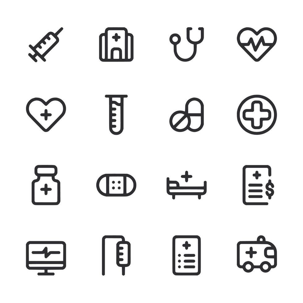 A set of medical icons including a syringe, a stethoscope, a heart vector