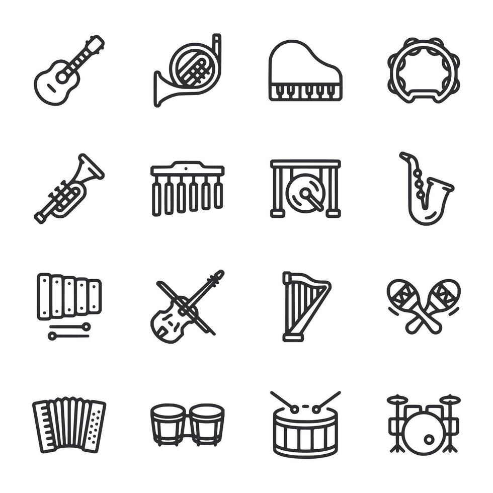 A set of musical symbols including a tambourine, a maraca, a drum, a keyboard vector