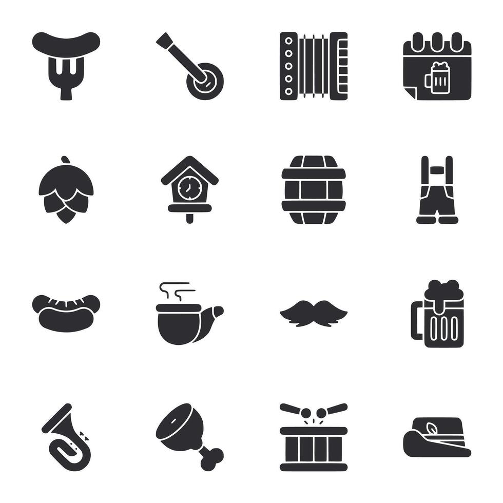 A set of black and white icons including a hot dog, a cup, a bowl, a spoon vector