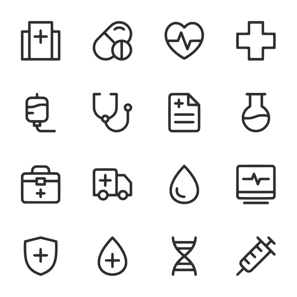 A set of medical icons including a stethoscope, a syringe vector