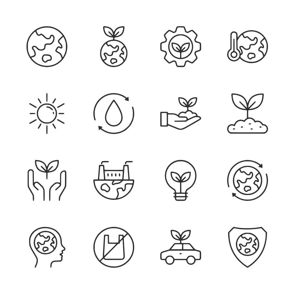 A set of icons for the environment, including a sun, a light bulb, a car vector