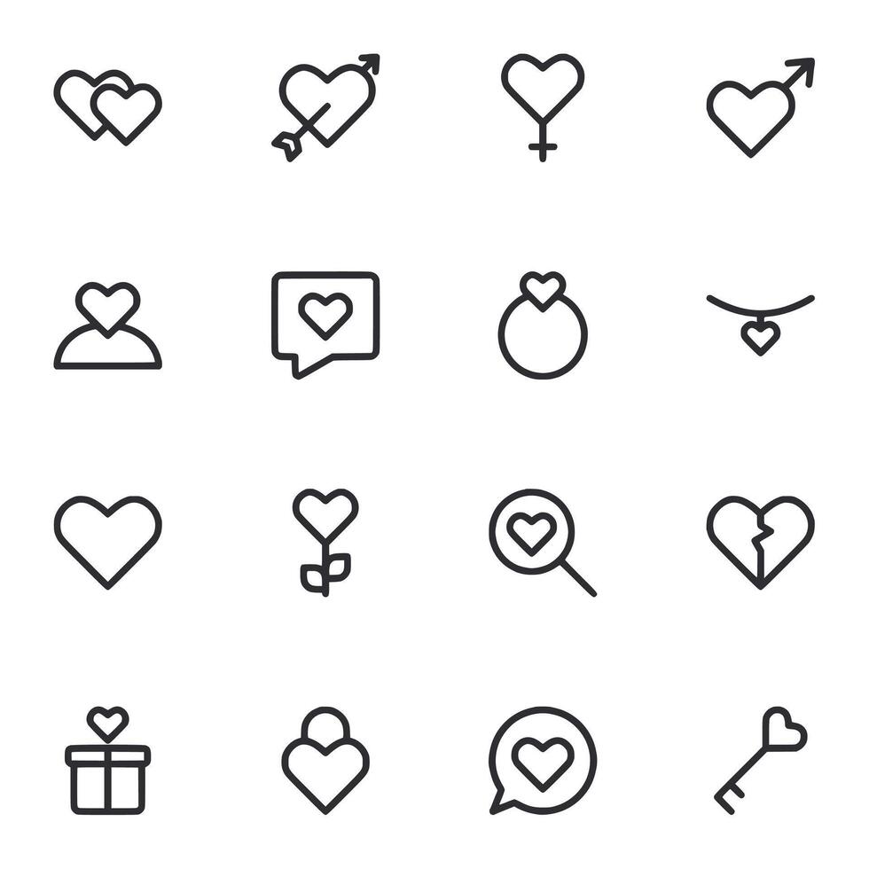 A set of black and white icons of hearts and other symbols vector