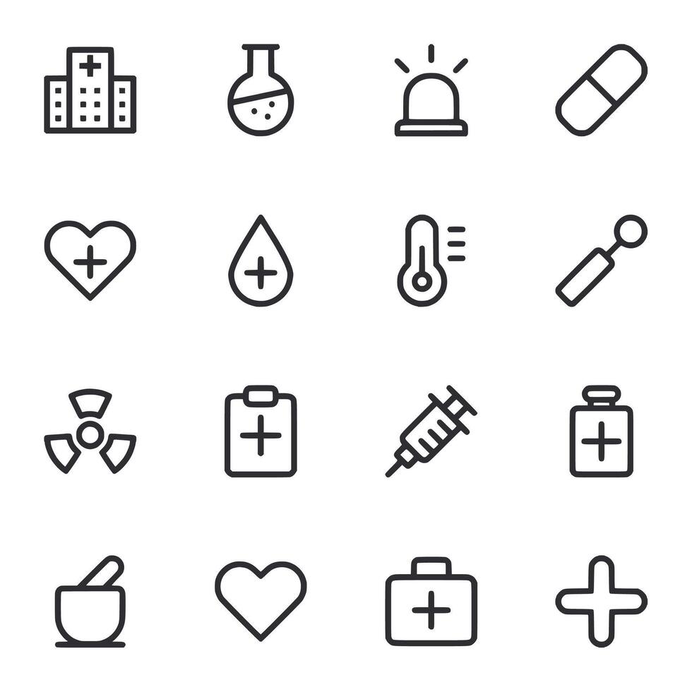 A set of medical icons including a heart, thermometer, syringe, and a pill vector