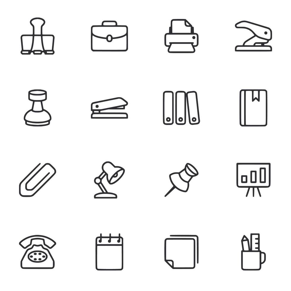A set of office supplies including a stapler, a pen, a ruler, a phone, a book vector