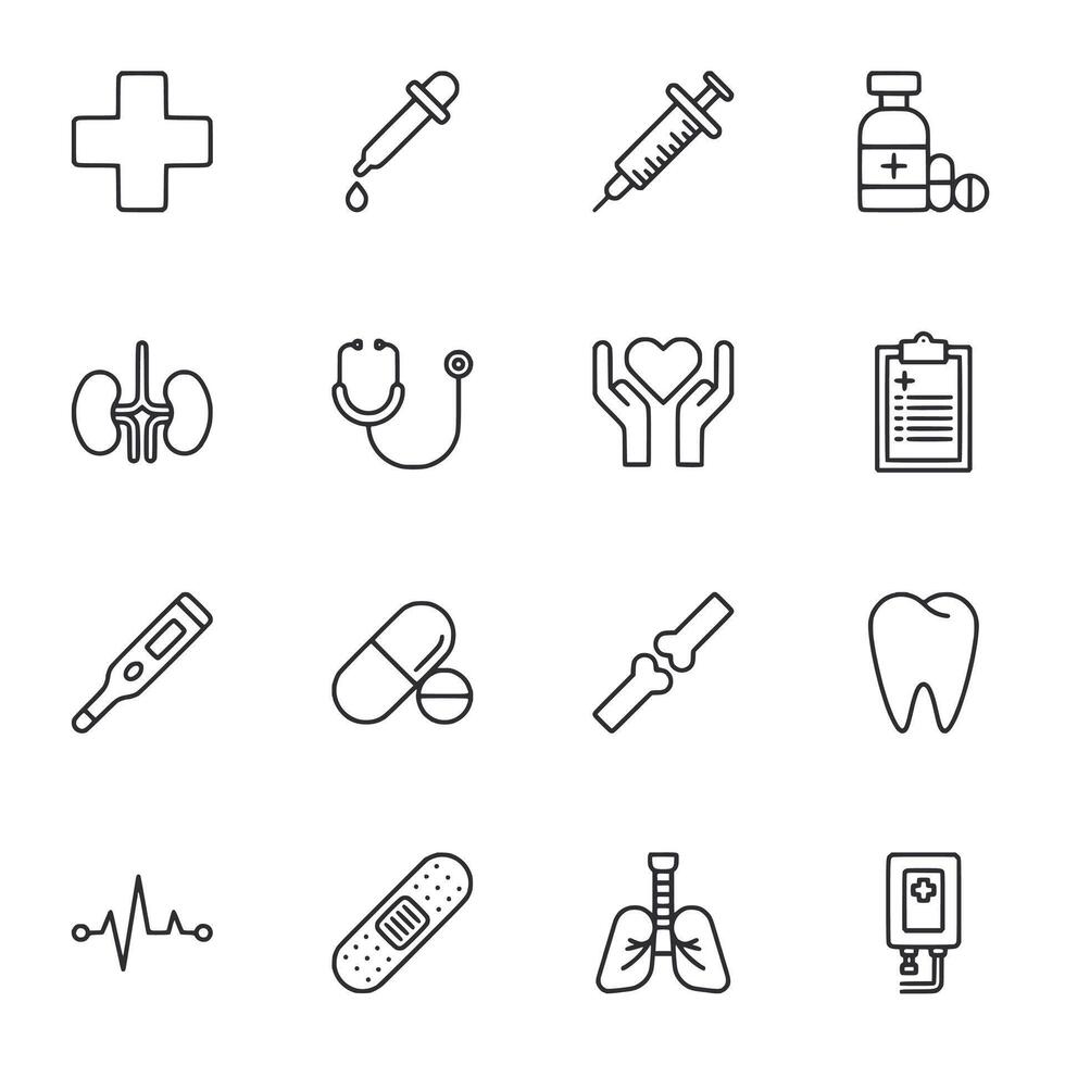 A set of medical symbols including a stethoscope, syringe, and pill bottle vector