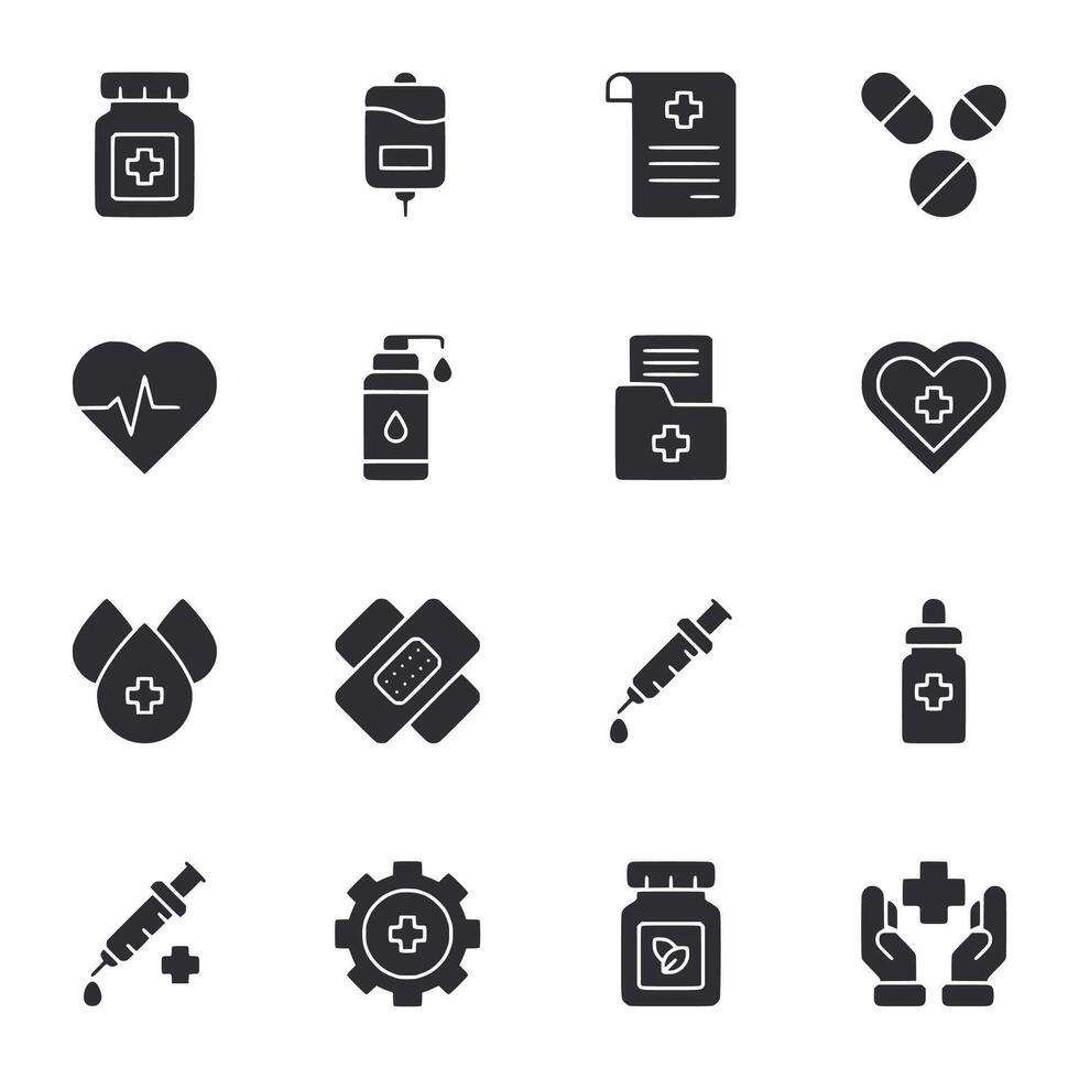 A set of medical icons including a syringe, a heart, and a bottle vector