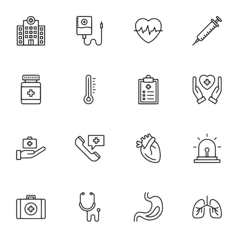 A set of medical icons including a stethoscope, a thermometer, a syringe vector