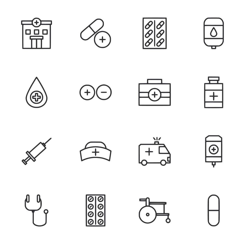 A set of medical icons including a syringe, a hospital, a doctor, a nurse vector