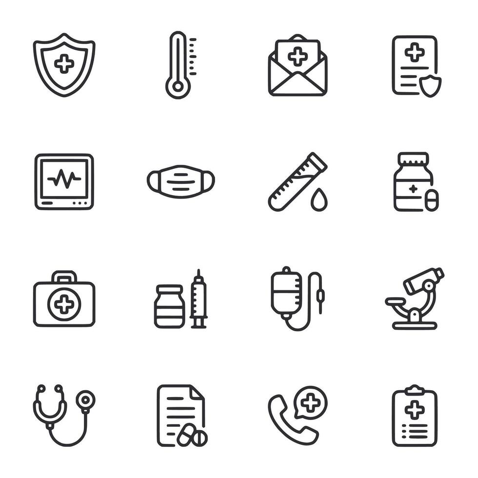 A set of medical icons including a stethoscope, thermometer, and syringe vector