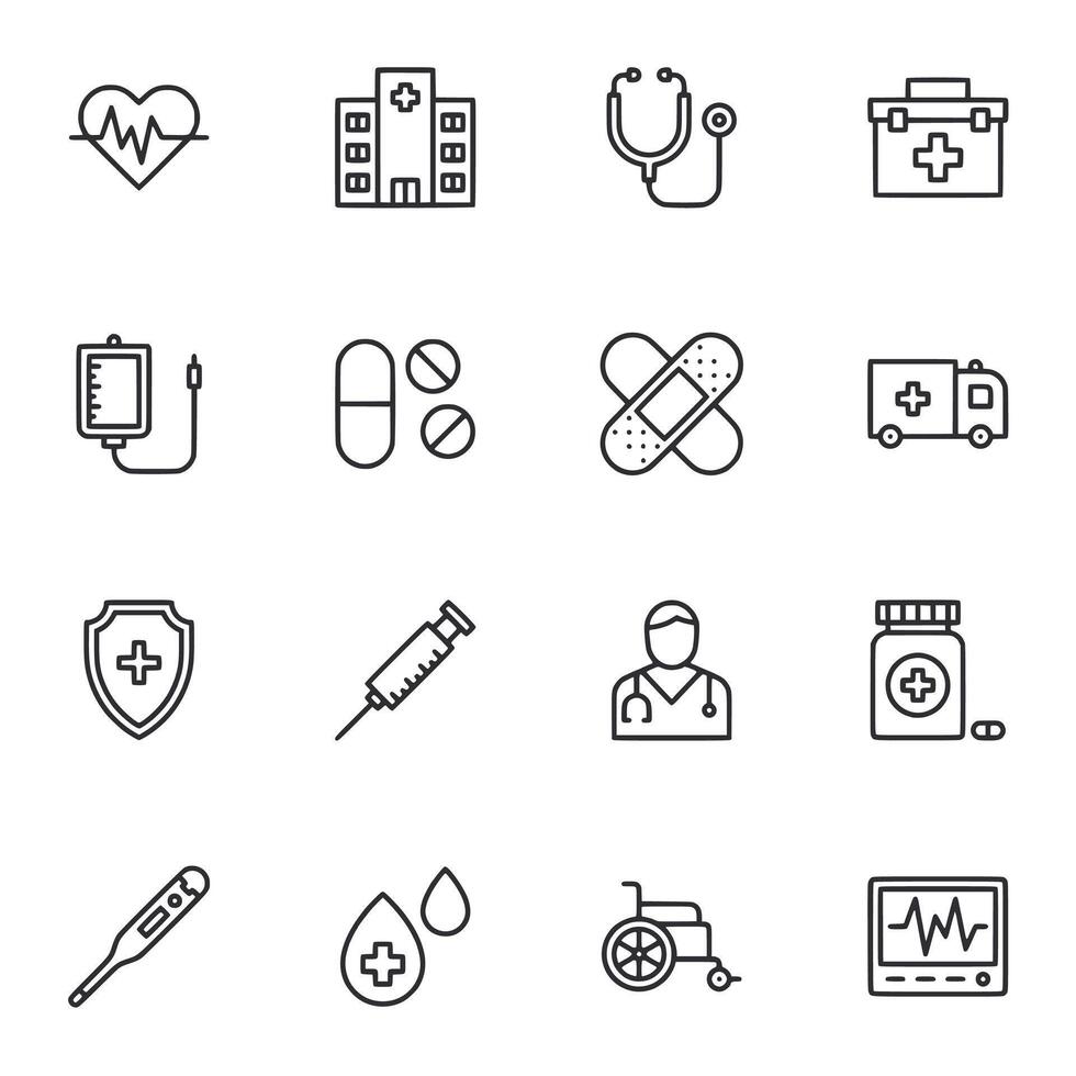 A set of medical icons including a stethoscope, syringe, and a hospital building vector