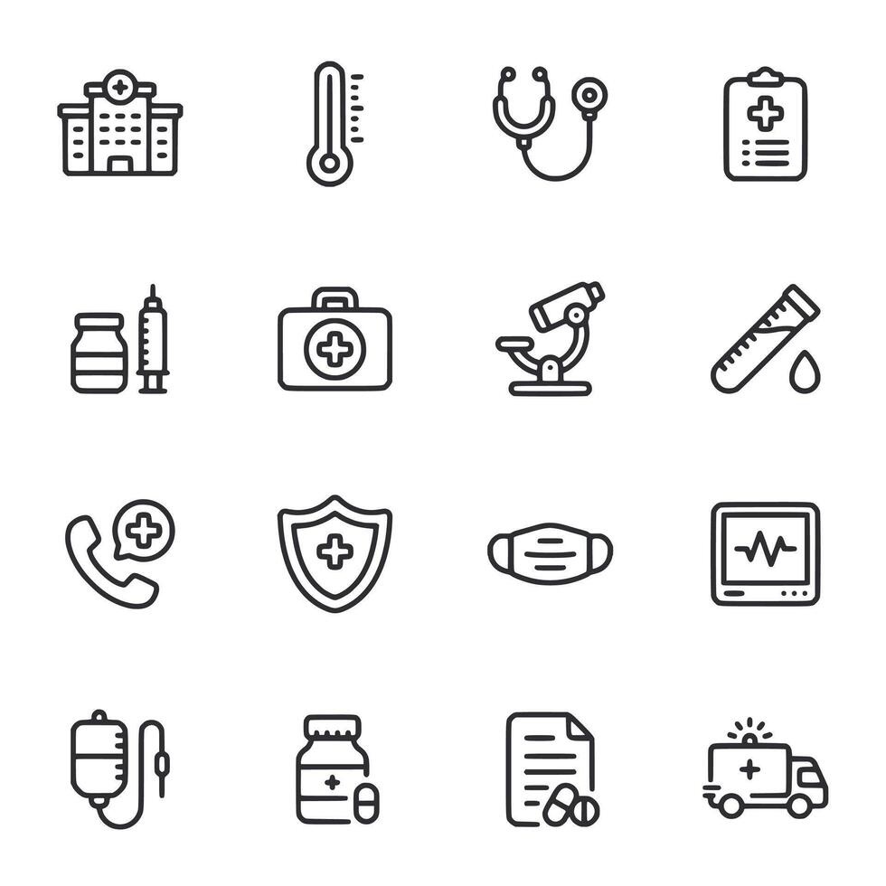 A set of medical icons including a thermometer, syringe, and stethoscope vector