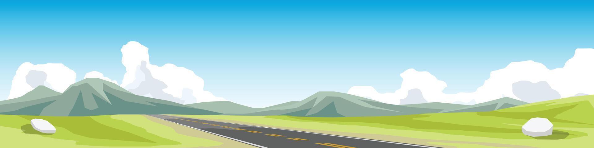 Cartoon or Illustration banner of asphalt road. hilly road leading straight to the valley. vector