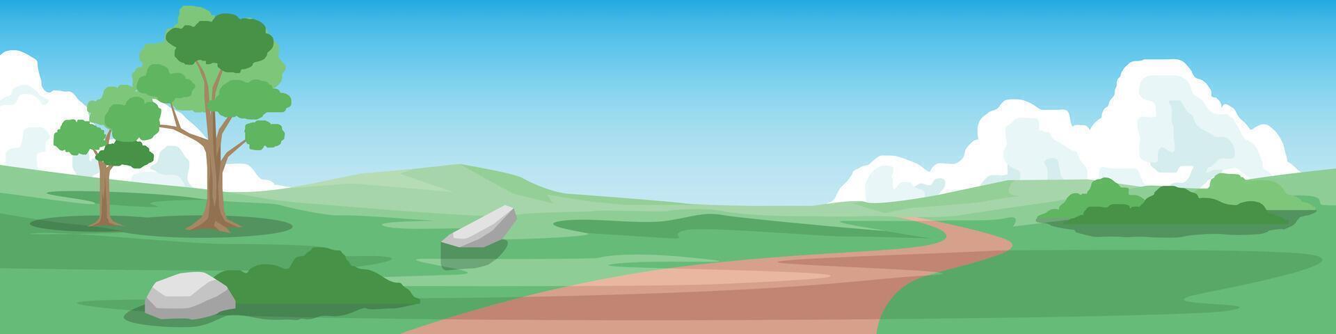 Horizontal or Lanscape view of dirt road winding up a hill. Trees are scattered across the vast grassy area. Distant mountains under the sky and white clouds. vector
