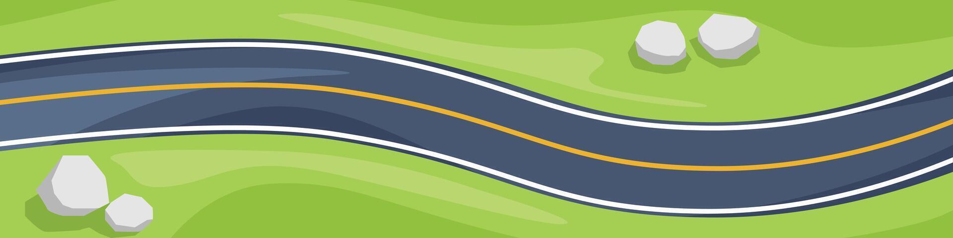 Overhead view of a winding road with a yellow center line. Asphalt road curves through a bright green landscape. Decorative stones on both sides of the road. vector