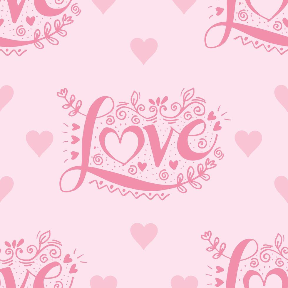 Seamless pattern with hand drawn lettering I love you in pink colors. vector