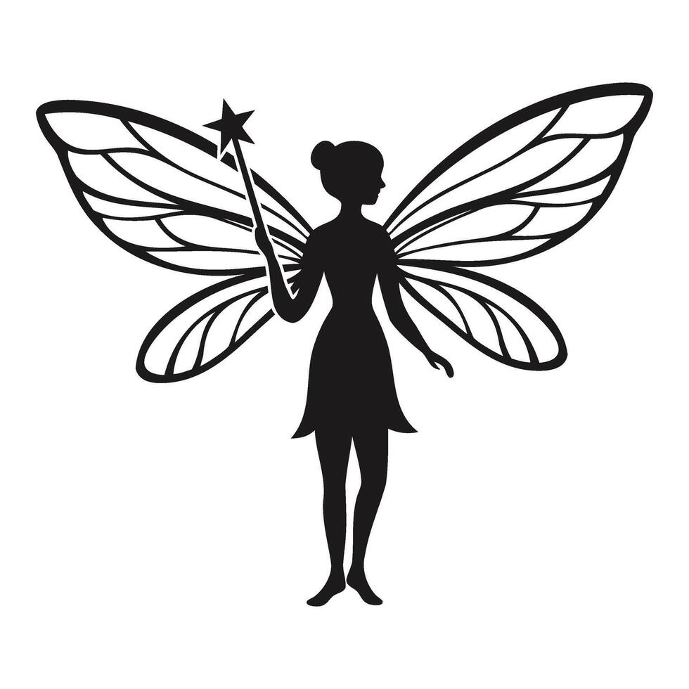 Fairy Silhouette with Wand and Butterfly Wings Illustration vector