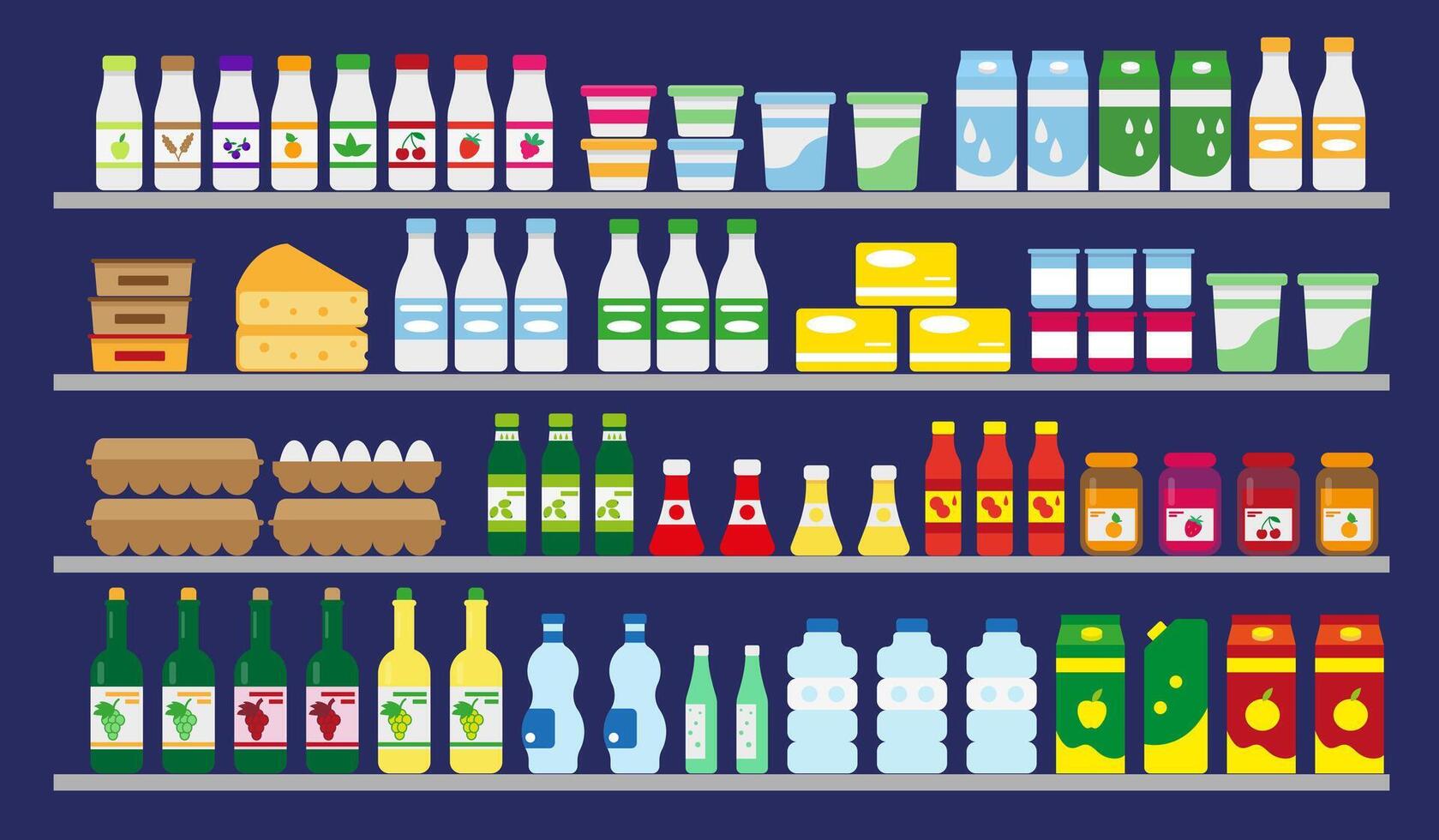 Supermarket shelves with food and drinks. Dairy, water, eggs, grocery and wine. vector
