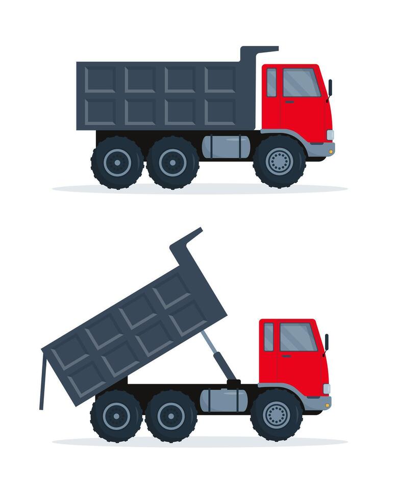 Two dump trucks with closed and open body. vector