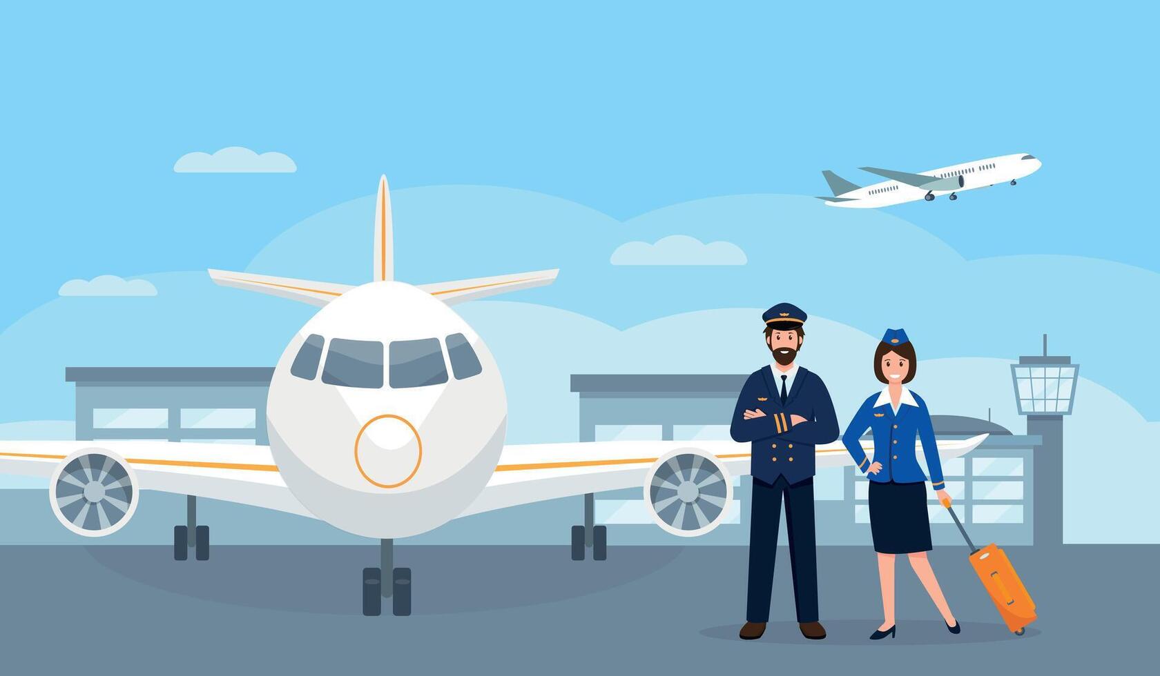 Pilot and stewardess characters at the airport near plane. Airplane staff or crew in uniform. Professional Team of smiling airline workers go to work. vector