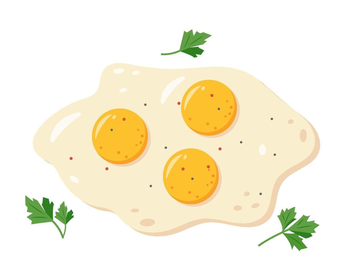Three Fried fresh eggs with parsley leaves and spices. Cooked fried egg meal for breakfast. vector