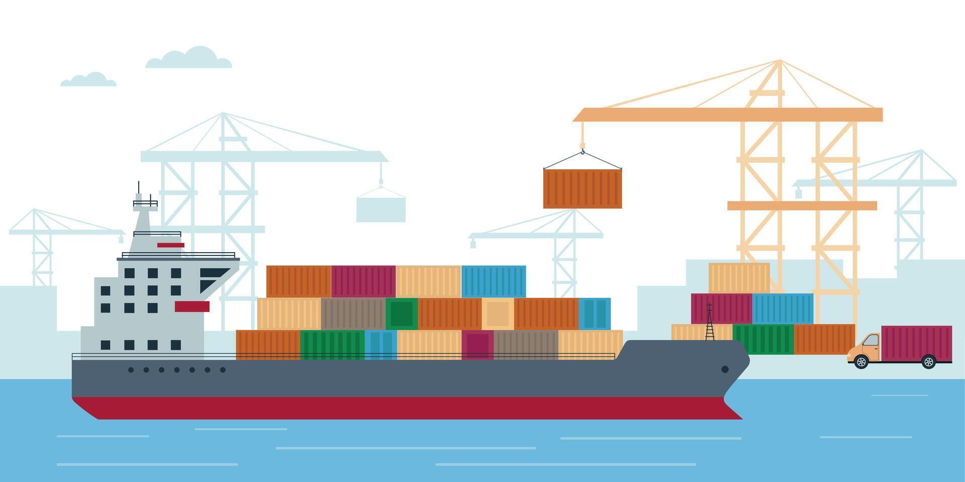 Cargo ship with containers. Sea freight transportation or logistic. vector
