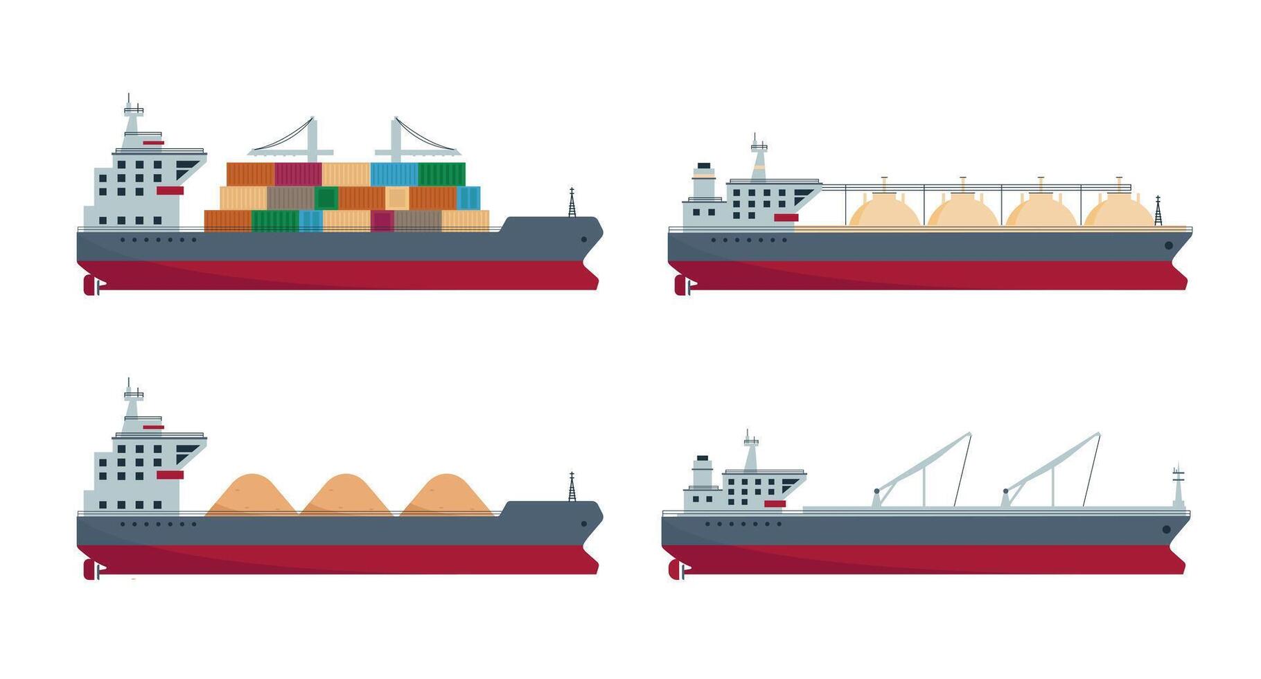 Set of sea ships. Ocean delivery and shipping boats. Gas, oil tanker and cargo ship. Sea freight transportation or logistic. vector