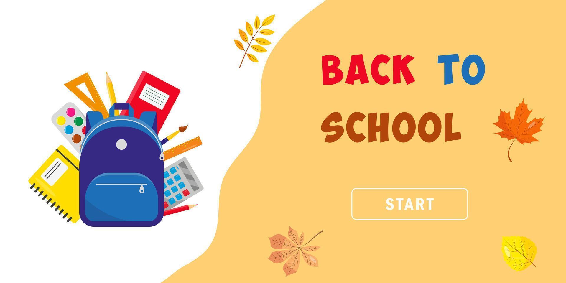 Back to school banner, concept or web-page. School backpack with supplies and lives on white and orange background. vector