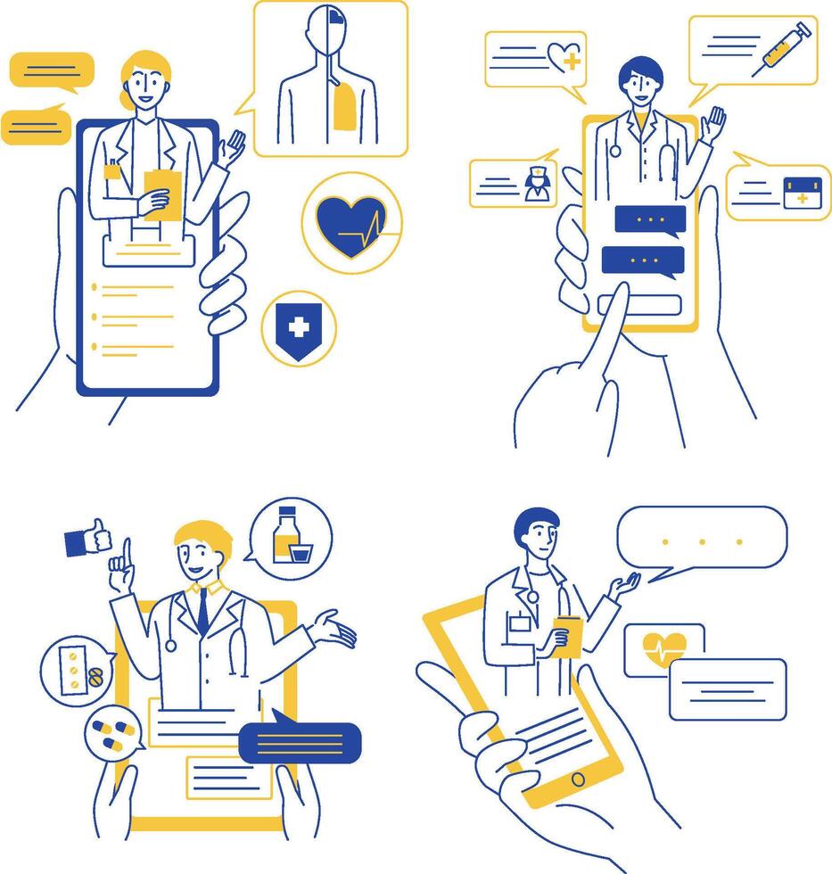 Flat line art telemedicine icons showing remote doctor consultations on mobile and tablet devices with chat bubbles, ECG, prescriptions, checklists, and hospital icons. vector