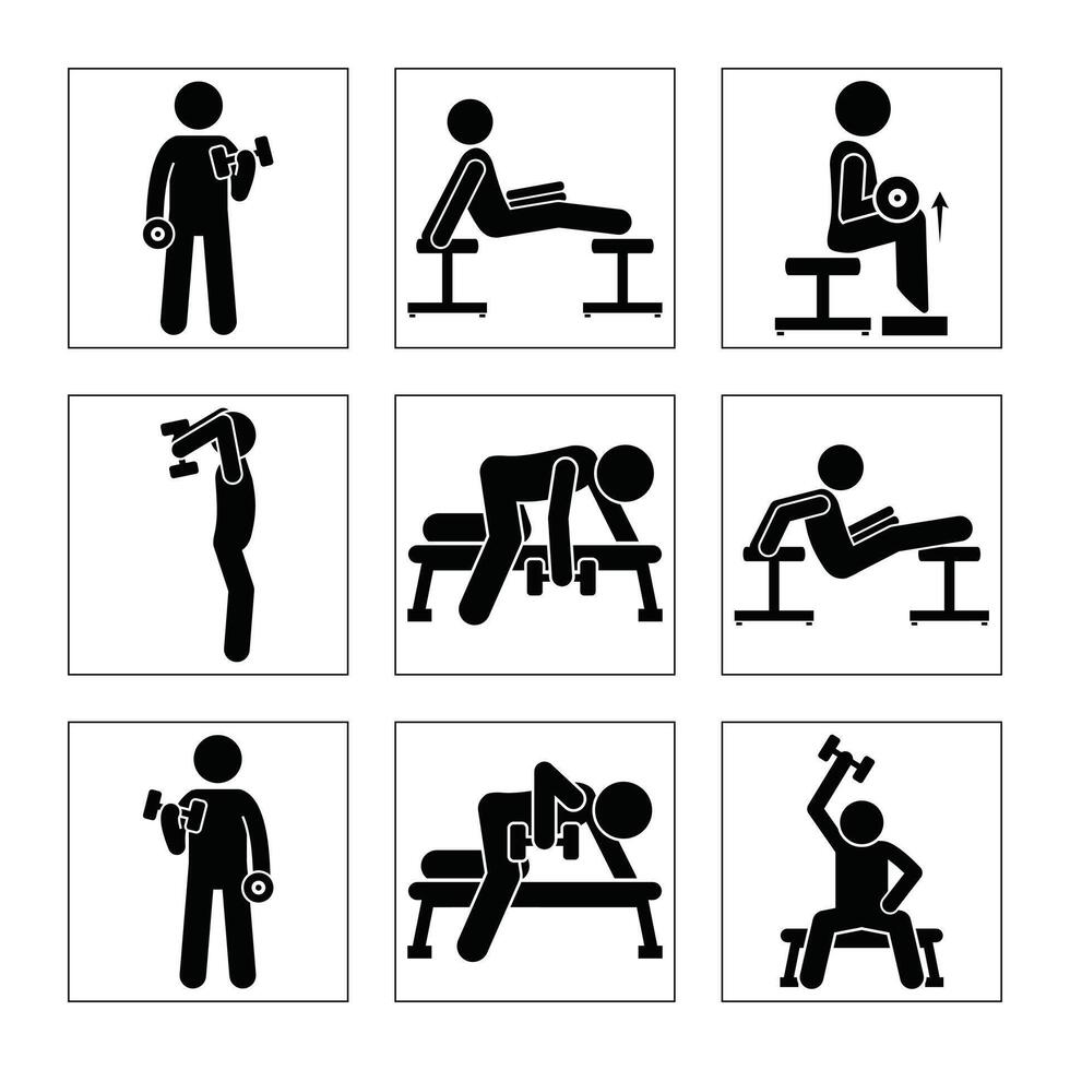 Pictogram Set Demonstrating Bicep Exercises With Dumbbells And Weight Bench Equipment Black And White vector