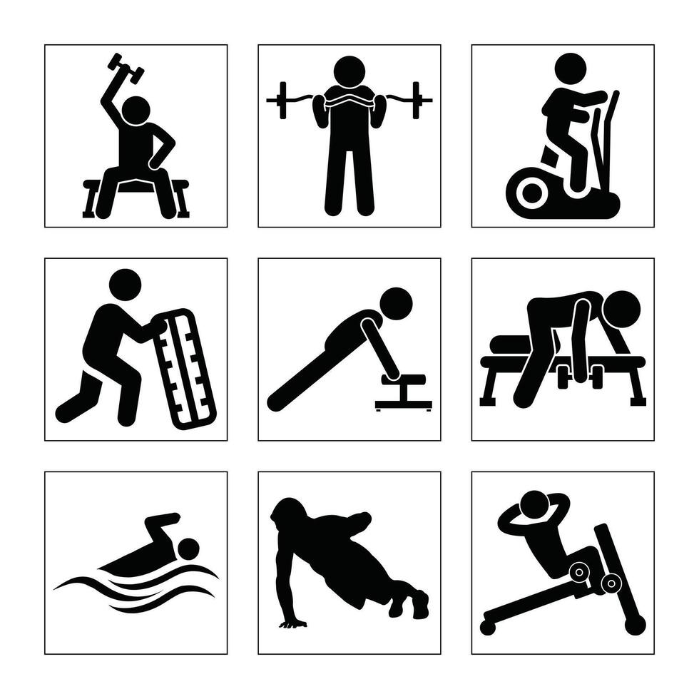 Various Gym Workout Icons Set Featuring Exercise Illustrations For Fitness Concepts vector
