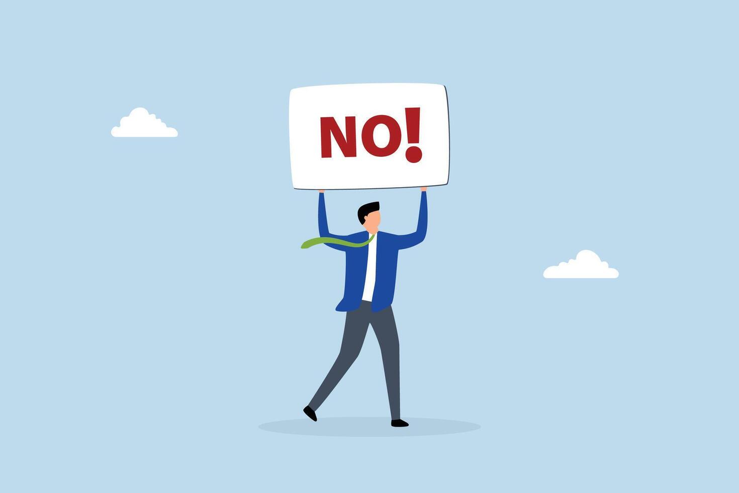 Say no, Businessman displays sign that reads NO, conveying strong sense of rejection. vector