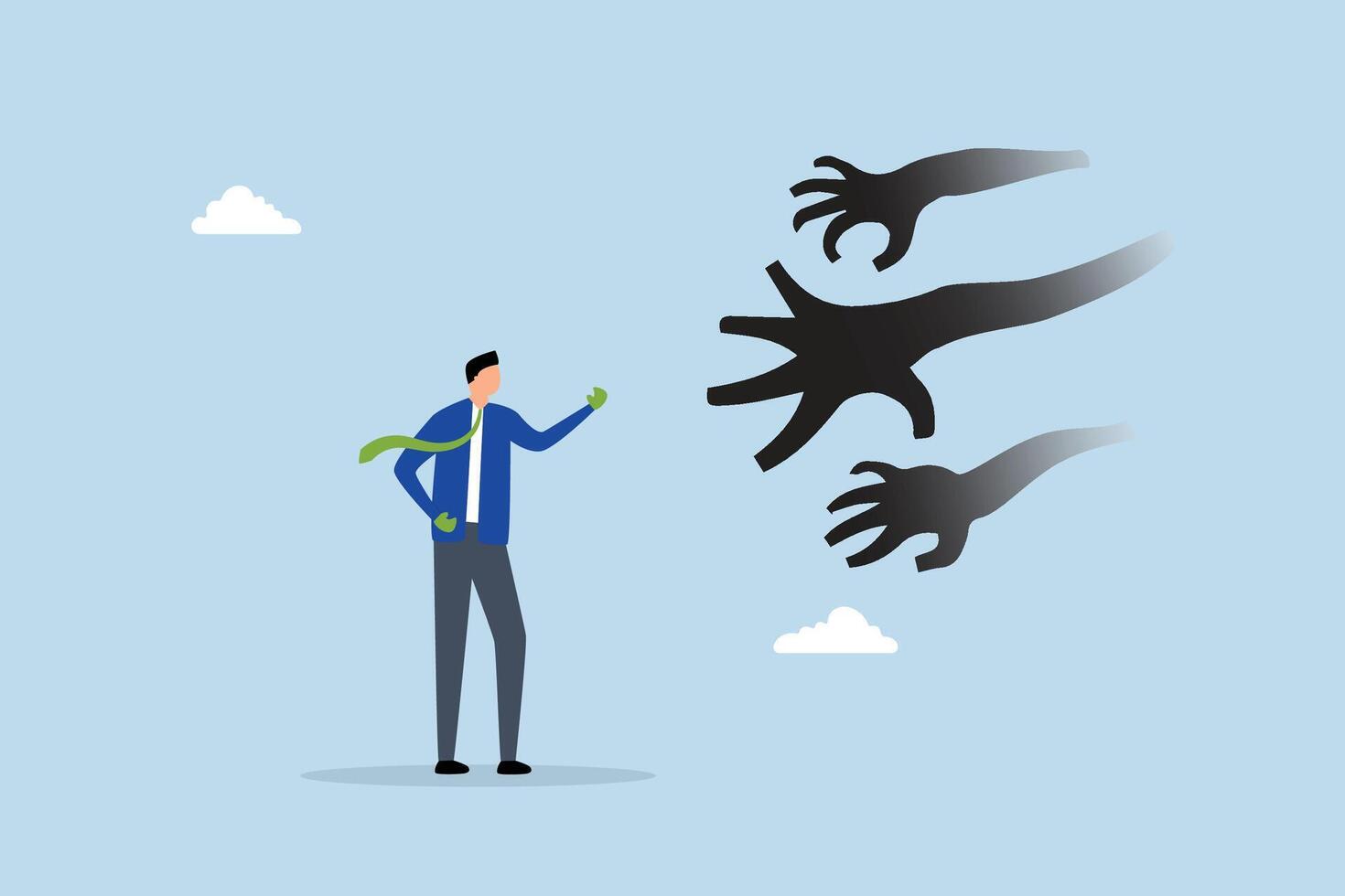Overcome fear challenge difficulty, businessman with boxing glove fighting fear horror hands. vector